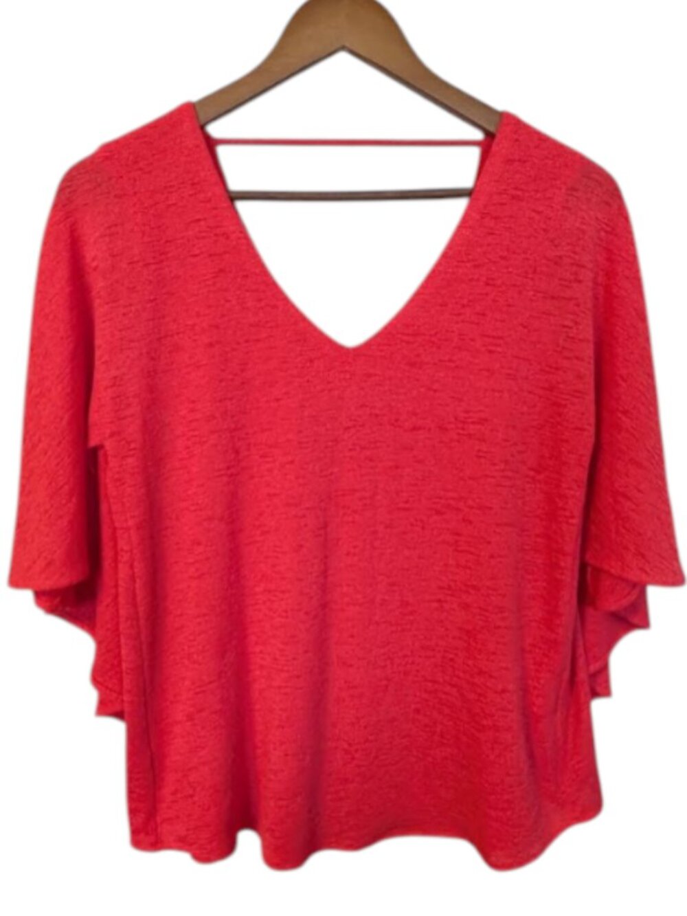 Cartise Textured Top Blouse Coral Red Cape Sleeve Overlay V-Neck NWOT